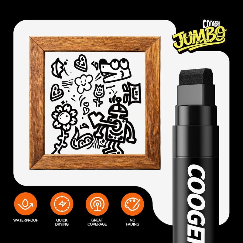Coogert 3Pcs Black Jumbo Poster Markers, 15MM Thick Permanent Acrylic Graffiti Markers, Wide Tip Paint Marker for Canvas, Posters Board, Fabric, Window, Glass, Wood, Teachers,Banner painting supplie - Image 3